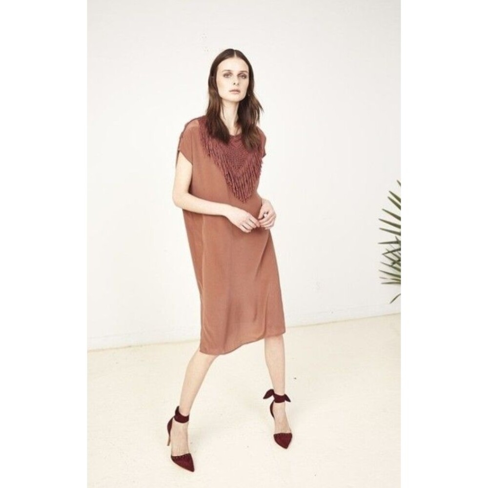 ULLA JOHNSON Liu Woven Fringe Neck Silk Sheath Dress size 2